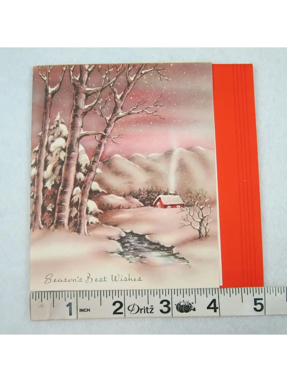 Vintage Christmas Card & Envelope Snow Cabin Stream John Greenleaf Whittier Poem